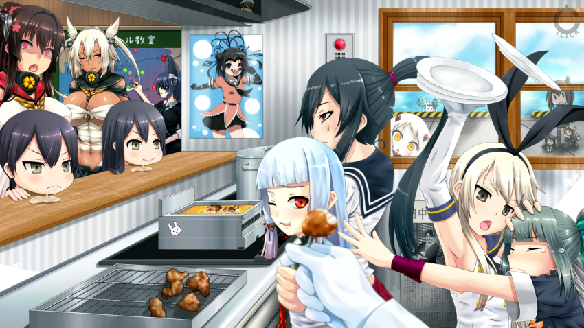 6+girls, abyssal_ship, akagi_(kancolle), armpits, cilica, closed_eyes, cooking, cosplay, drooling, eating, error_musume, flying_teardrops, girl_holding_a_cat_(kancolle), glowing, glowing_eyes, highres, indoors, kaga_(kancolle), kantai_collection, kensuke_tanaka, multiple_girls, murakumo_(kancolle), musashi_(kancolle), musashi_kai_(kancolle), naka_(kancolle), northern_ocean_princess, one_eye_closed, open_mouth, plate, poster_(object), pot, pov, pov_hands, pushing_away, reaching, real_life, red_eyes, seaport_princess, shigure_(kancolle), shimakaze_(kancolle), taihou_(kancolle), tanaka_kensuke, tenryuu_(kancolle), tenryuu_(kancolle)_(cosplay), watermark, wavy_mouth, window, yahagi_(kancolle), yamato_(kancolle), yuubari_(kancolle), yuudachi_(kancolle)