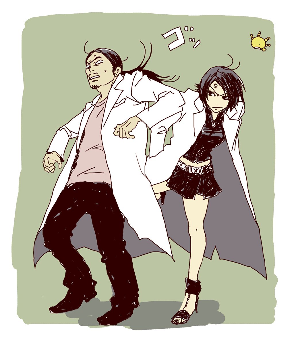 1boy, 1girl, anger_vein, black_footwear, black_hair, facial_hair, hasegawa_haruka, high_heel_sandals, high_heels, kicking, lab_coat, misato_kaoru, moyashimon, mustache, oryzae-tan, ponytail, sandals, setsu_(kojimamemo), short_hair, simple_background, stubble