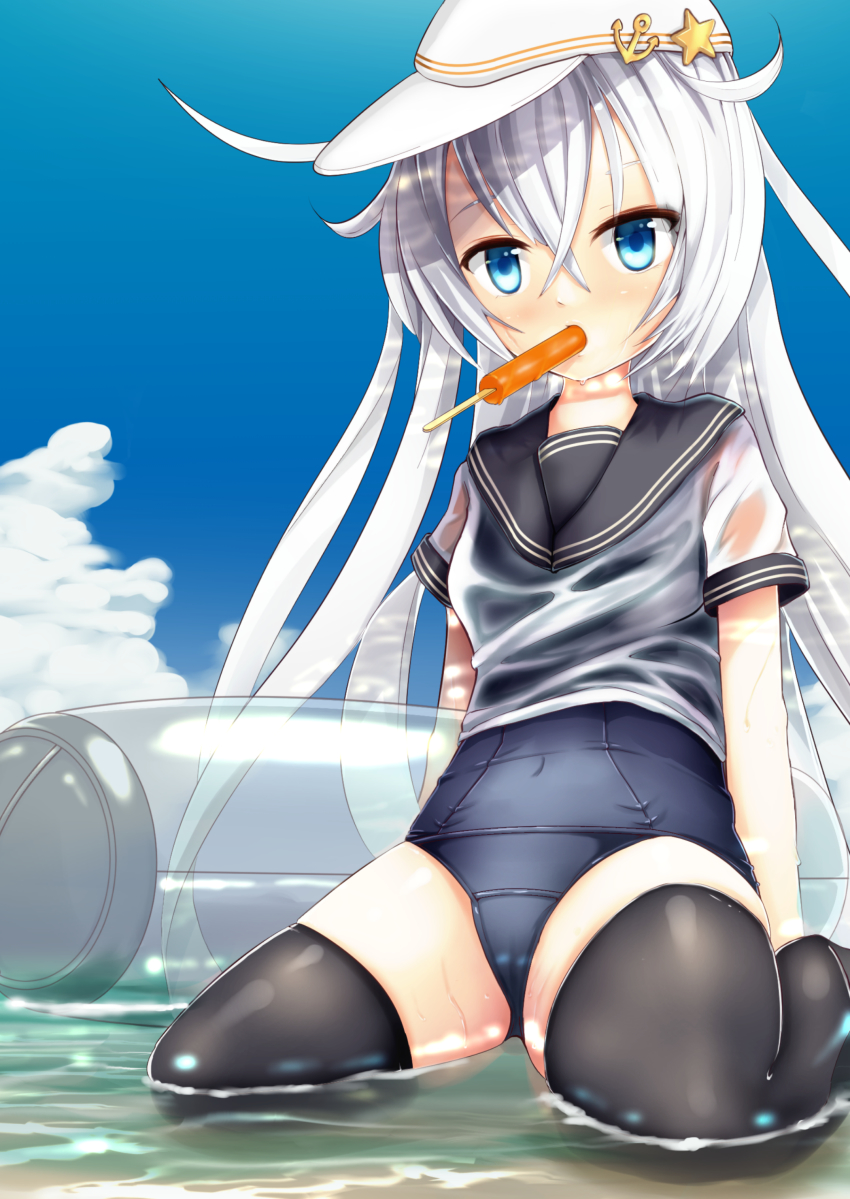 10s, 1girl, absurdres, blue_eyes, ebi_(il14021), female_focus, food, gradient_background, hat, hibiki_(kancolle), highres, kantai_collection, long_hair, popsicle, school_swimsuit, shirt, silver_hair, sitting, solo, swimsuit, swimsuit_under_clothes, verniy_(kancolle), wariza, wet, wet_clothes, wet_shirt