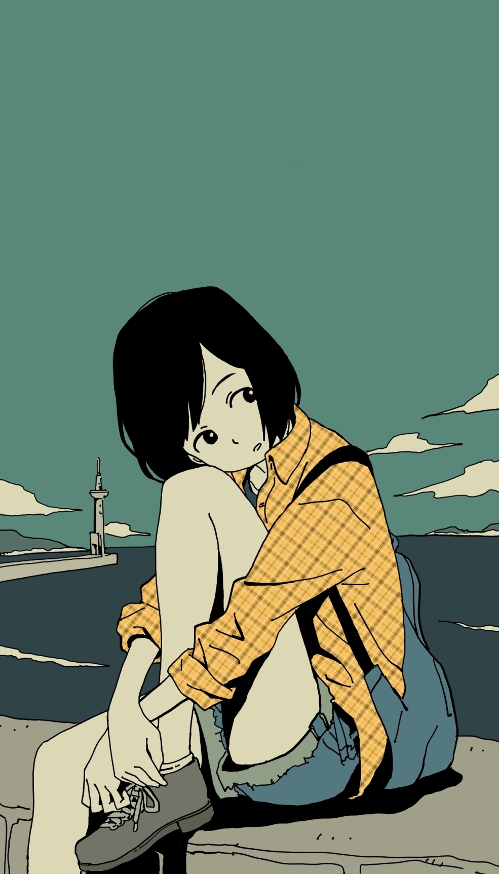1girl, backpack, bag, black_eyes, black_hair, building, checkered_clothes, checkered_shirt