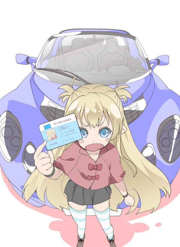 1girl, bad_id, bad_pixiv_id, blonde_hair, blue_eyes, blush, capelet, car