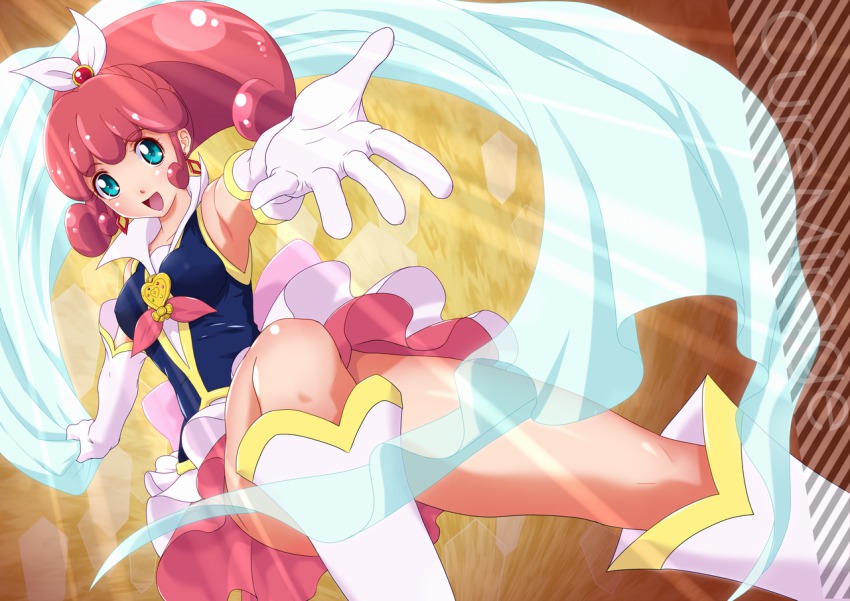 10s, 1girl, :d, blue_eyes, boots, brooch, character_name, cure_mirage