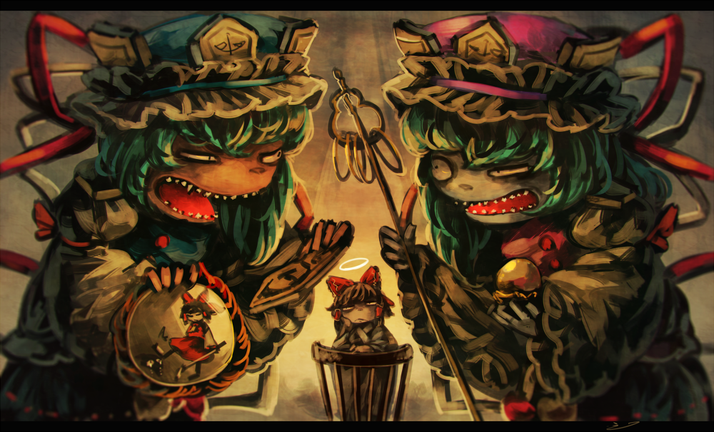 3girls, annoyed, cleansed_crystal_mirror, dual_persona, green_hair, hakurei_reimu, halo, hat