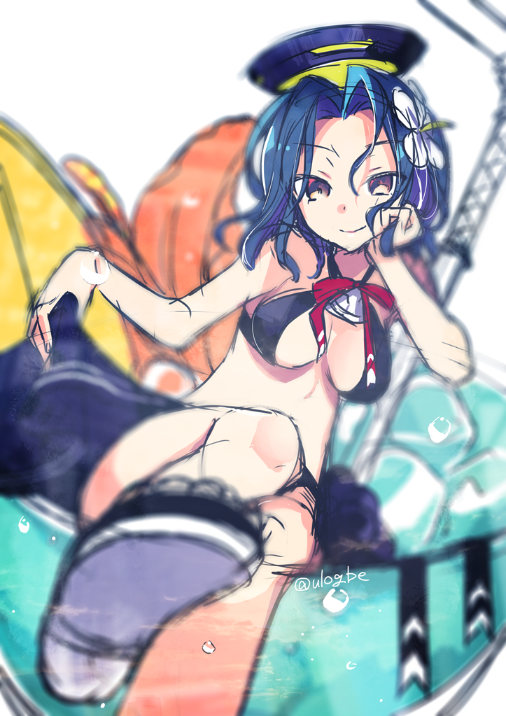 10s, 1girl, bad_id, bad_twitter_id, bikini, black_bikini, blue_hair, blurry