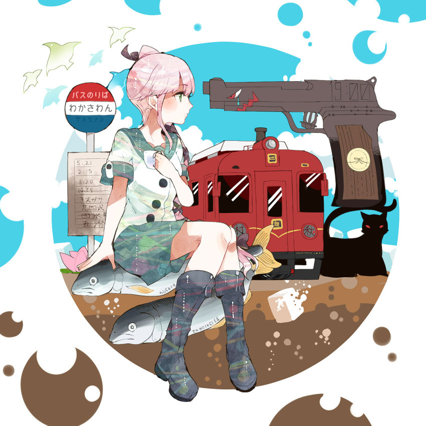 10s, 1girl, anchor, bird, blouse, boots, cup, fish, green_eyes, gun, hair_ribbon, handgun, highres, itomugi-kun, kantai_collection, knee_boots, kyoto_tango_railway, long_hair, multiple_unit_train, open_mouth, outside_border, pink_hair, pistol, ponytail, ribbon, round_border, school_uniform, serafuku, shirt, side_ponytail, silhouette, sitting, sugar_cube, teacup, tears, train, very_long_hair, weapon, yura_(kancolle), yuudachi_(kancolle)