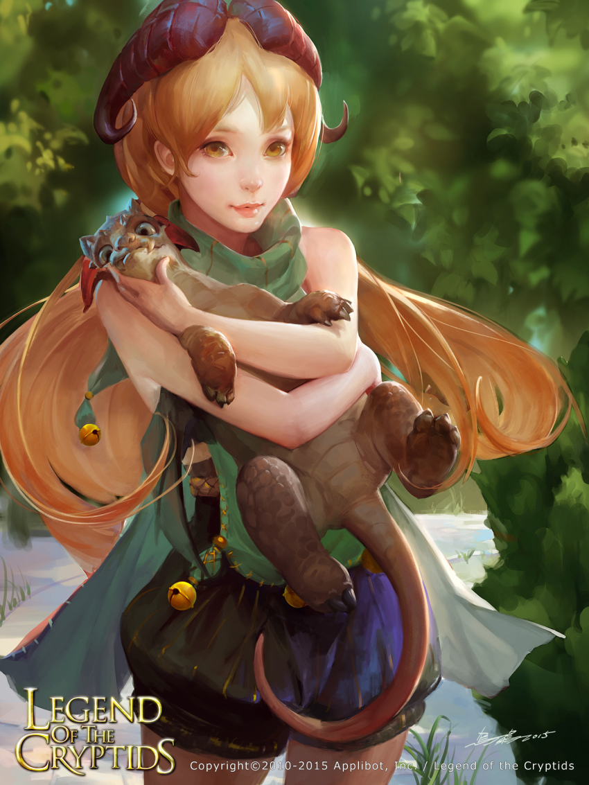 10s, 1girl, 2015, adora_dragon_maiden, animal, baggy_shorts, bell, blonde_hair, cape, company_name, copyright_name, crowgod, dated, dragon, gradient_background, highres, holding, holding_animal, horns, legend_of_the_cryptids, long_hair, looking_at_viewer, official_art, puffy_shorts, shorts, signature, yellow_eyes