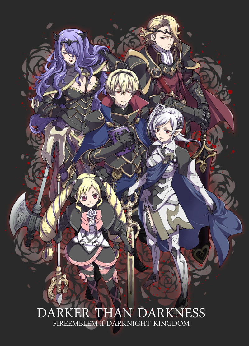 2boys, 3girls, alternate_hairstyle, armor, axe, barefoot, black_background, black_gloves