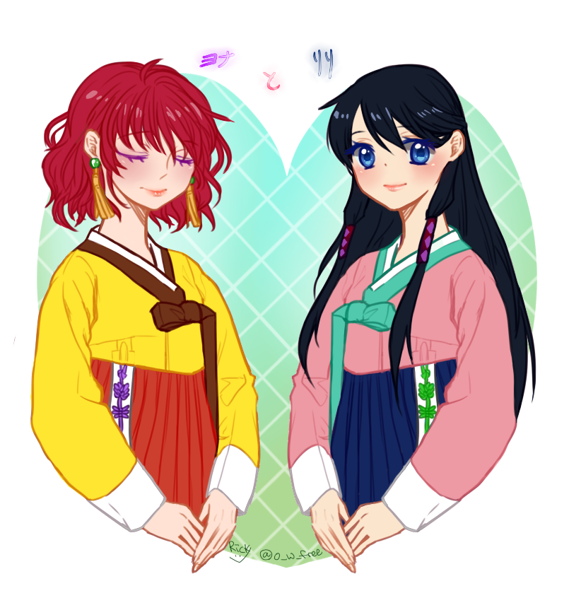 2girls, akatsuki_no_yona, an_lili, black_hair, blue_eyes, closed_eyes, dress, earrings