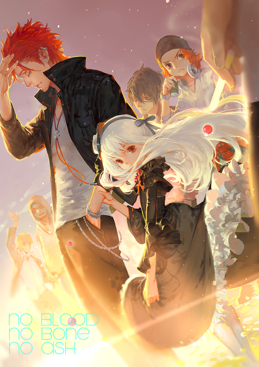 10s, 1girl, 5boys, albino, black_eyes, crown, dress, earrings