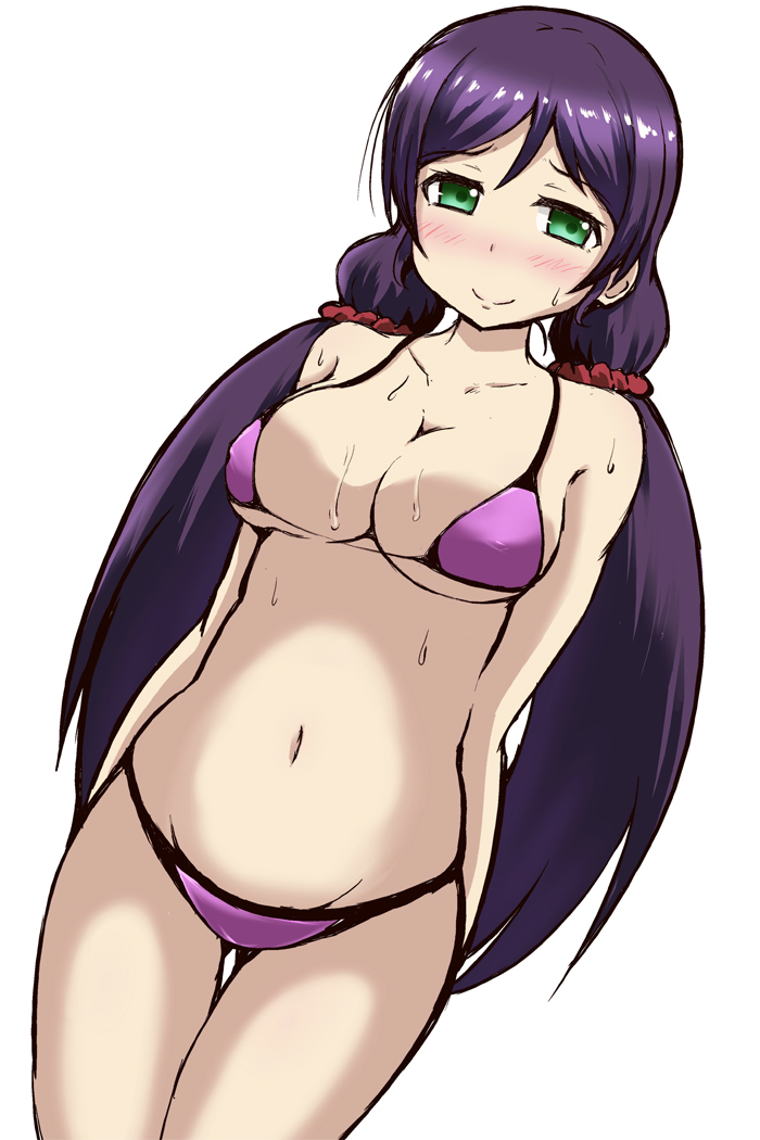 10s, 1girl, arms_at_sides, bikini, blush, breasts, cleavage, covered_erect_nipples, dutch_angle, female_focus, green_eyes, large_breasts, long_hair, looking_at_viewer, love_live!, love_live!_school_idol_project, navel, purple_hair, scrunchie, simple_background, smile, solo, standing, suzuhara_shima, sweat, swimsuit, tojo_nozomi, twintails, very_long_hair, white_background