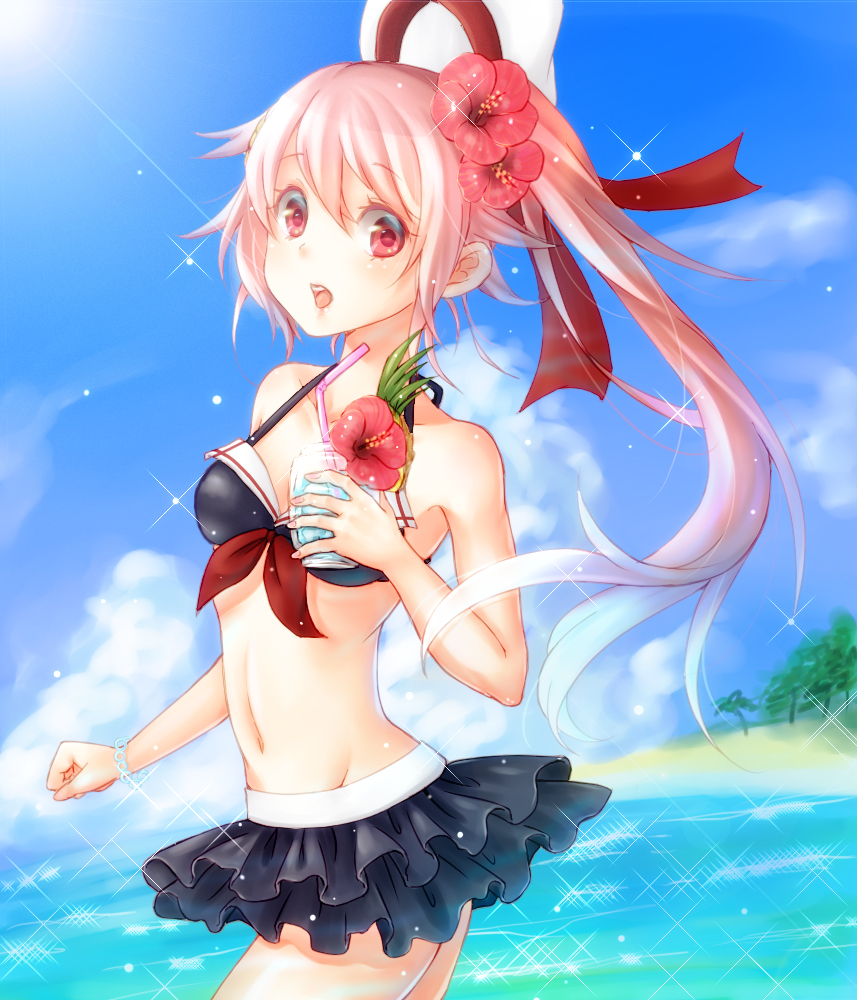 10s, 1girl, bare_arms, bare_shoulders, beach, beret, bikini, bikini_skirt