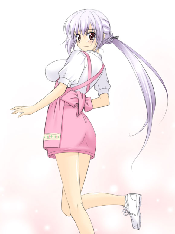 00s, 1girl, anna_miller, apron, blush, breasts, female_focus, from_behind