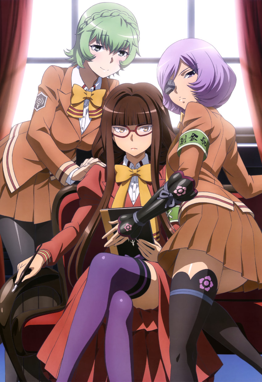10s, 3girls, absurdres, aoki_hagane_no_arpeggio, black_legwear, braid, brown_hair, crown_braid, eyepatch, glasses, green_hair, hiei_(aoki_hagane_no_arpeggio), highres, crossed_legs, long_hair, multiple_girls, myoukou_(aoki_hagane_no_arpeggio), nachi_(aoki_hagane_no_arpeggio), non-web_source, nyantype, official_art, pantyhose, purple_hair, purple_legwear, serious, short_hair, smile, thighhighs, very_long_hair