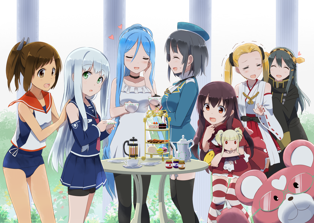 6+girls, :3, =_=, aoki_hagane_no_arpeggio, bespectacled, black_hair, blonde_hair, blue_hair