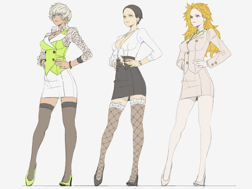 3girls, bangle, belt, black_hair, blonde_hair, blue_eyes, bracelet, breasts, character_profile, cleavage, dark-skinned_female, dark_skin, fashion, fishnet_legwear, fishnets, forehead, formal_clothes, frilled_legwear, full_body, green_eyes, green_footwear, hands_on_own_hips, high_heels, jacket, jewelry, kdog, lace, lace-trimmed_legwear, lace_trim, large_breasts, lipstick, long_hair, makeup, multiple_girls, necklace, necktie, original, pantyhose, pencil_skirt, polka_dot, shoes, silver_hair, simple_background, sketch, skirt, skirt_suit, suit, thighhighs, v-neck, vest, waistcoat, white_legwear, white_skirt, zettai_ryouiki