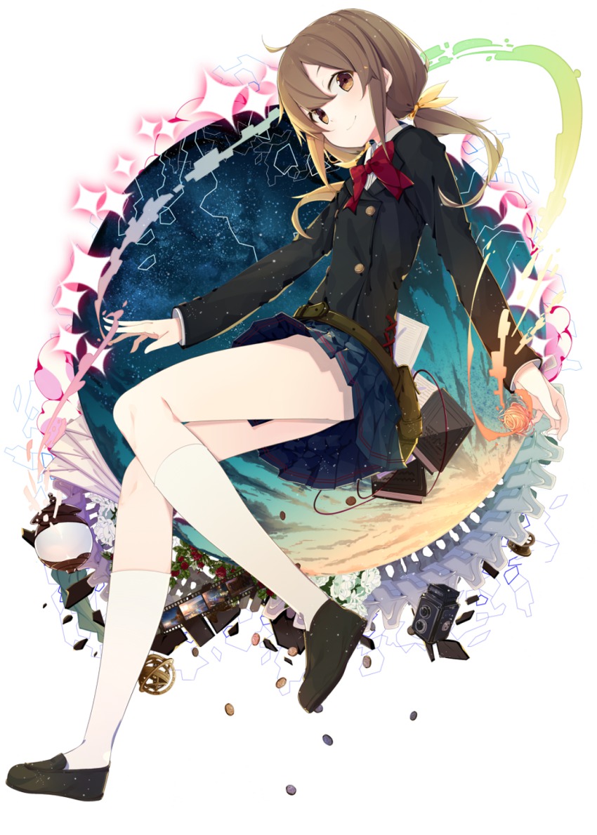 1girl, benio_(dontsugel), blazer, book, brown_eyes, brown_hair, camera, coin