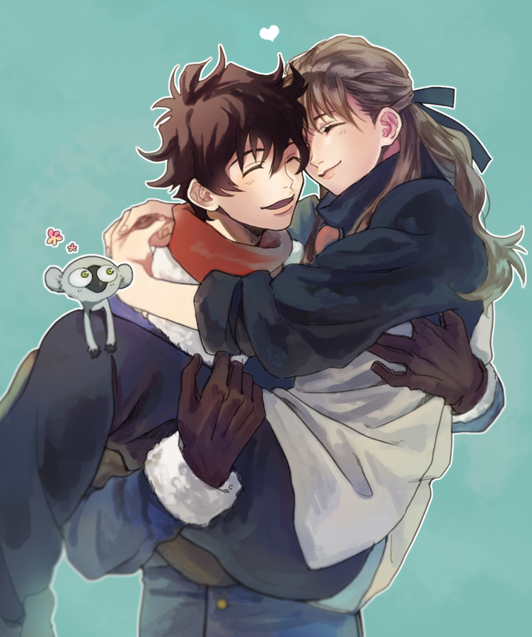 1boy, 1girl, brother_and_sister, brown_hair, carrying, closed_eyes, halu-ca, kekkai_sensen, leonardo_watch, long_hair, michella_watch, princess_carry, short_hair, siblings, simple_background, sonic_speed_monkey