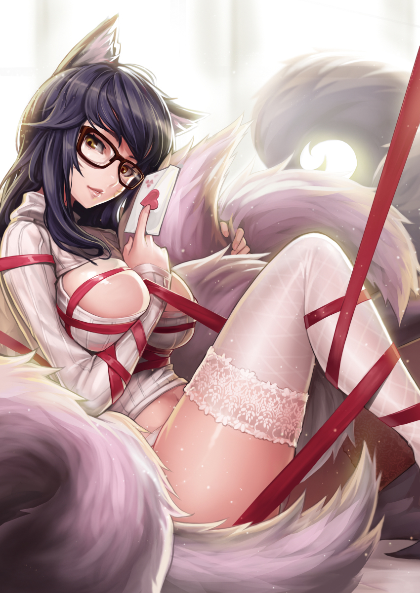 1girl, absurdres, ahri_(league_of_legends), alternate_costume, animal_ears, asymmetrical_bangs, bdsm, bespectacled, between_breasts, black_hair, bondage, bound, breast_bondage, breasts, brown_eyes, cleavage_cutout, clothing_cutout, envelope, facial_mark, female_focus, fishnets, fox_ears, fox_tail, glasses, goomrrat, highres, lace, lace-trimmed_legwear, lace_trim, large_breasts, league_of_legends, light_smile, lips, long_hair, lying, navel, no_pants, open-chest_sweater, panties, red_ribbon, ribbed_sweater, ribbon, ribbon_bondage, sitting, solo, sweater, swept_bangs, tail, thighhighs, turtleneck, underwear, whisker_markings, white_panties, white_thighhighs