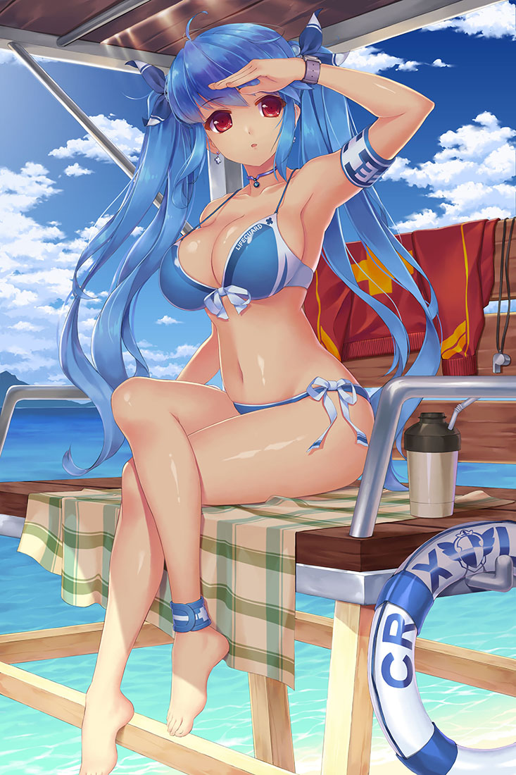 1girl, :o, ahoge, anklet, arm_up, armband, armpits, barefoot, bikini, blue_hair, breasts, chair, choker, cloud, crossed_legs, day, earrings, feet, female_focus, front-tie_bikini_top, front-tie_top, full_body, hair_ribbon, innertube, jewelry, large_breasts, lifeguard, lifeguard_chair, loneteel, long_hair, luthica_preventer, navel, red_eyes, ribbon, shading_eyes, shiny_skin, side-tie_bikini_bottom, sitting, sky, solo, strap_gap, swim_ring, swimsuit, sword_girls, tareme, twintails, very_long_hair, watch, water, whistle, wristwatch