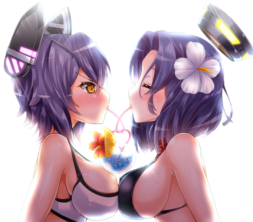10s, 2girls, bikini, black_bikini, blush, breast_press, breasts, closed_eyes