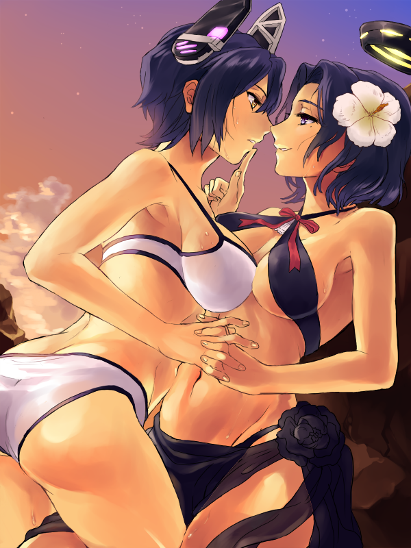 01rosso, 10s, 2girls, armpits, ass, bad_id, bad_pixiv_id, bare_shoulders, bikini, breasts, butt_crack, evening, eye_contact, finger_to_another's_mouth, flower, from_side, gradient_background, hair_between_eyes, hair_flower, hair_ornament, halo, halterneck, hand_on_another's_face, headgear, hibiscus, holding_hands, interlocked_fingers, kantai_collection, looking_at_another, lying, mechanical_halo, midriff, mole, mole_under_eye, multiple_girls, navel, off_shoulder, on_back, parted_lips, purple_eyes, purple_hair, revealing_clothes, sarong, smile, swimsuit, tatsuta_(kancolle), tatsuta_(swimsuit)_(kancolle), tenryuu_(kancolle), tenryuu_(swimsuit)_(kancolle), underboob, white_bikini, yellow_eyes, yuri