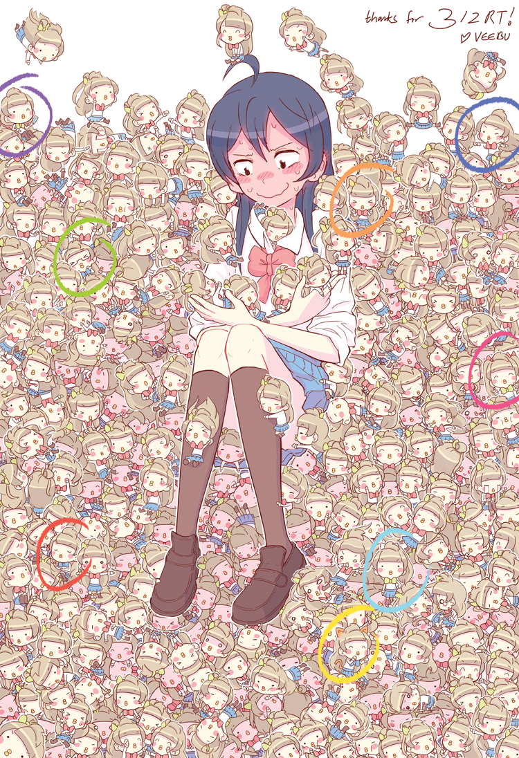 10s, 6+girls, ahoge, baby_animal, bird, blue_skirt, blush, chibi