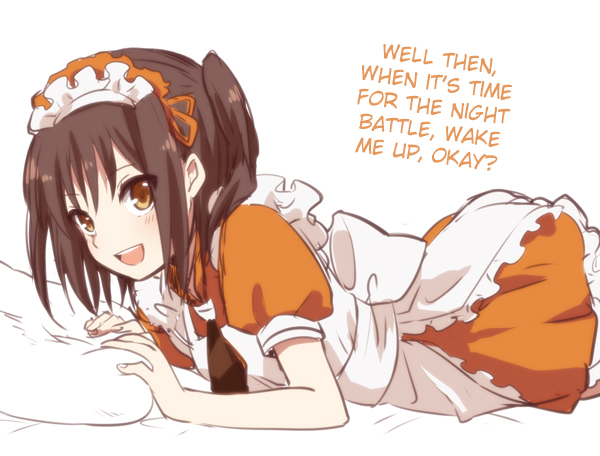 10s, 1girl, alternate_costume, apron, blush, brown_eyes, brown_hair, female_focus