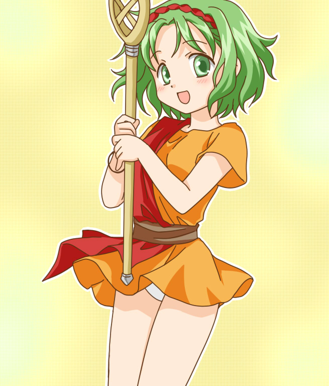 1girl, bad_id, bad_pixiv_id, blush, female_focus, fire_emblem, fire_emblem:_thracia_776, gradient_background, green_eyes, green_hair, lingerie, matching_hair/eyes, nintendo, open_mouth, solo, staff, tanuki_pon, tina_(fire_emblem), underwear