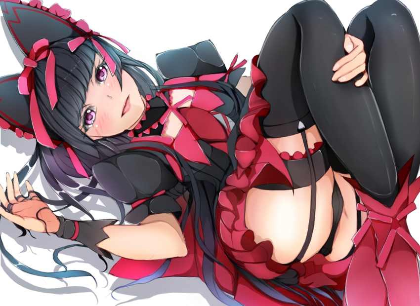 10s, 1girl, black_hair, black_panties, black_thighhighs, blush, bow, female_focus, garter_belt, garter_straps, gate_-_jieitai_ka_no_chi_nite_kaku_tatakaeri, gothic_lolita, hair_bow, lolita_fashion, long_hair, looking_at_viewer, lying, matsurika_(j297021302), on_back, panties, pink_eyes, rory_mercury, simple_background, solo, thighhighs, underwear, white_background