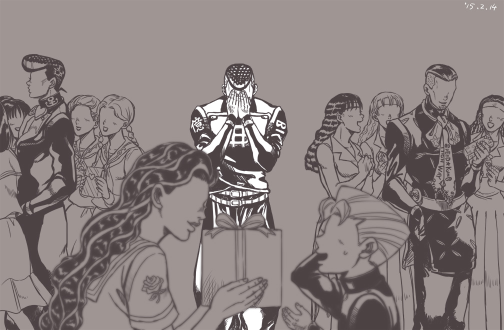 4boys, 6+girls, akemi_(jojo), blurry, box, couple, dated, depth_of_field