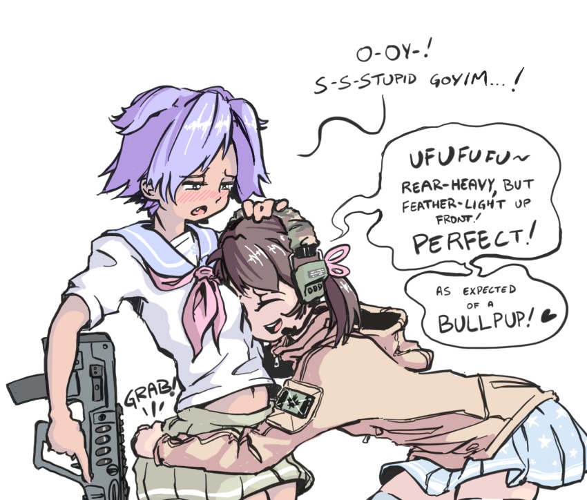 2girls, ass, assault_rifle, blush, bullpup, ear_protection, english_text, fang