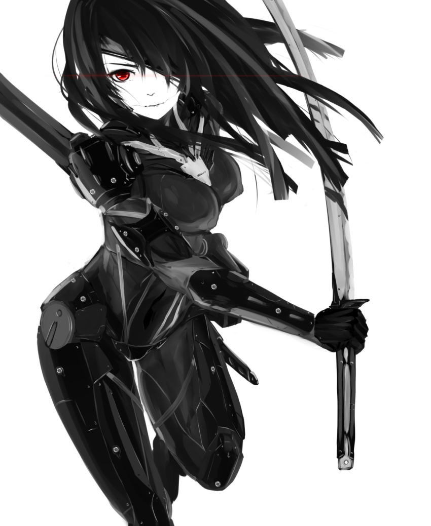 1girl, armor, black_armor, black_bodysuit, black_hair, bodysuit, breasts, covered_erect_nipples, covered_navel, eyepatch, female_focus, genderswap, genderswap_(mtf), gloves, highres, holding, holding_sword, holding_weapon, katana, leg_armor, leg_lift, leg_up, long_hair, looking_at_viewer, lucifer301, medium_breasts, metal_gear_(series), raiden_(metal_gear), red_eyes, shoulder_pads, simple_background, skin_tight, solo, standing, standing_on_one_leg, sword, weapon, white_background