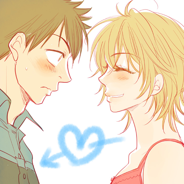 1boy, 1girl, baby_steps, blonde_hair, blush, brown_hair, closed_eyes, heart