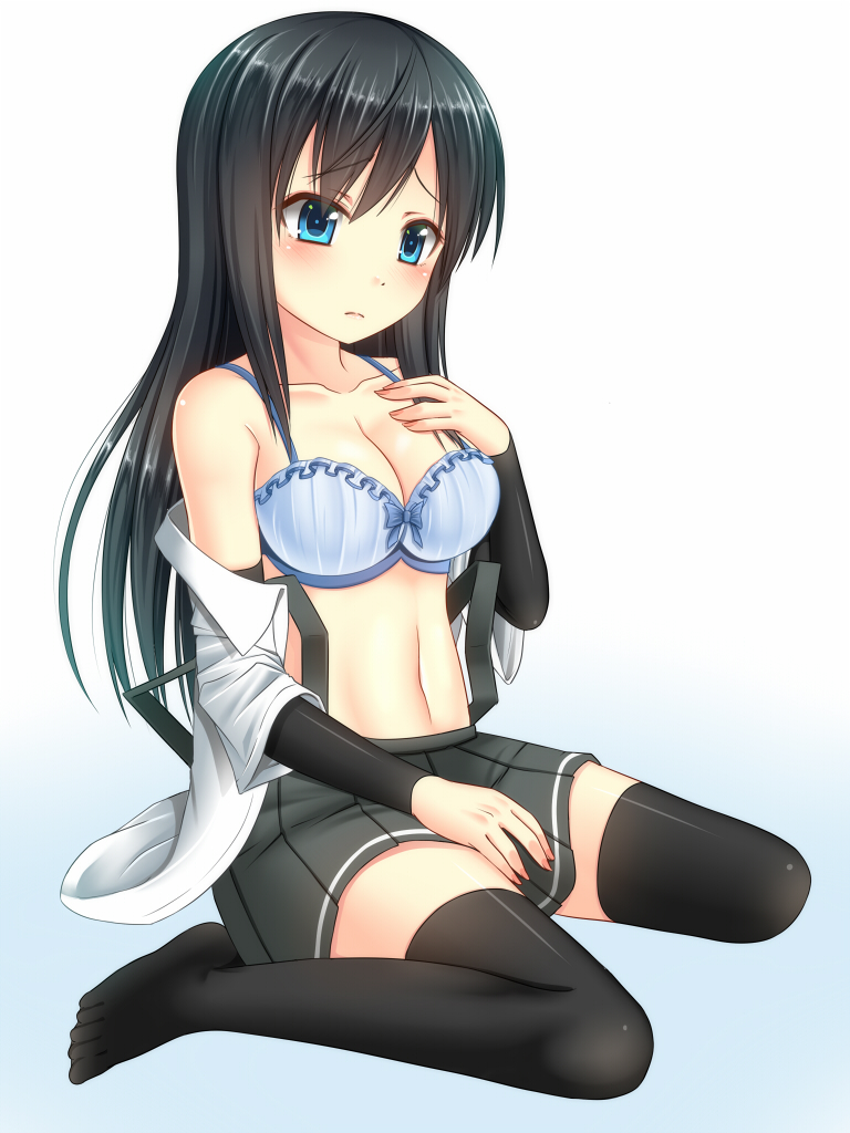 10s, 1girl, alternate_breast_size, arm_warmers, asashio_(kancolle), black_hair, black_thighhighs, blue_bra, blue_eyes, bow, bow_bra, bra, dress_shirt, female_focus, gradient_background, hanazome_dotera, hand_on_own_chest, kantai_collection, long_hair, open_clothes, open_shirt, pleated_skirt, shirt, sitting, skirt, solo, suspender_skirt, suspenders, thighhighs, underwear