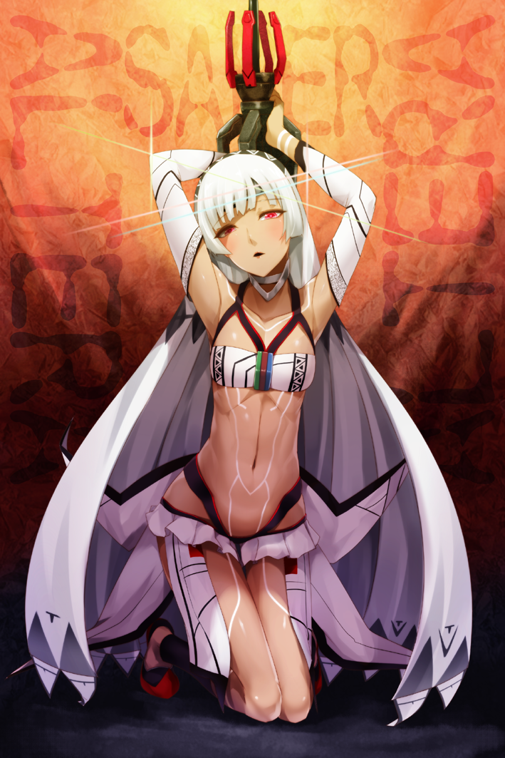 1girl, altera_(fate), armpits, arms_up, blush, bodypaint, dark-skinned_female, dark_skin