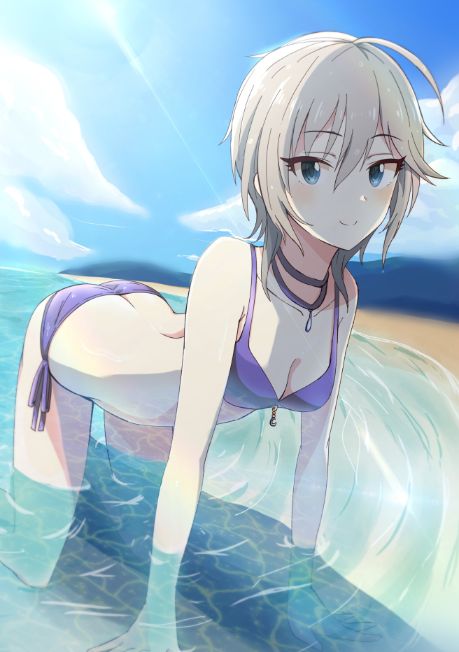 10s, 1girl, all_fours, anastasia_(idolmaster), ass, bad_id, bad_pixiv_id, beach