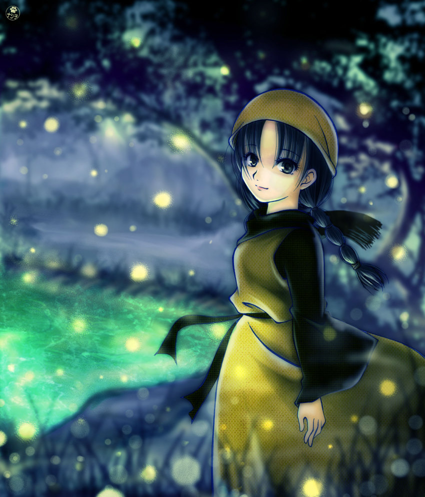 1girl, black_hair, braid, dress, eyelashes, female_focus, fireflies, forest
