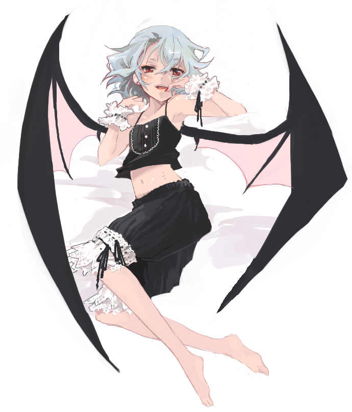 1girl, alternate_costume, armpits, bad_id, bad_pixiv_id, barefoot, bat_wings, black_bloomers, bloomers, blue_hair, camisole, demon_wings, feet, female_focus, flat_chest, frills, full_body, goth_fashion, oversized_wings, looking_at_viewer, lying, midriff, nail_polish, navel, missing_headwear, red_eyes, red_nails, remilia_scarlet, shizumi_satou, short_hair, simple_background, siskin, smile, solo, touhou, underwear, white_background, wings, wrist_cuffs