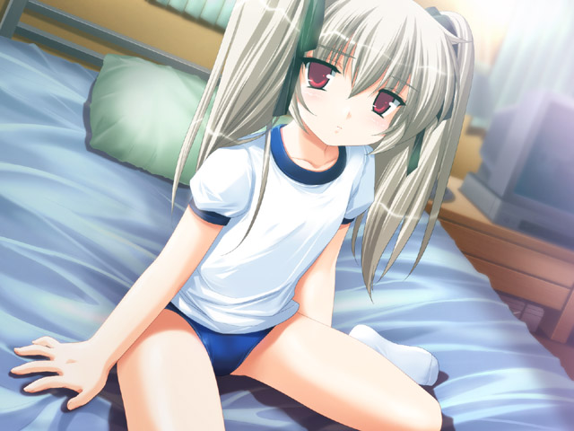 1girl, buruma, child, downhill_night, downhill_night_2, emily_(pure_dream), female_focus, game_cg, gym_uniform, hair_ribbon, indoors, long_hair, looking_at_viewer, moero_downhill_night_(series), moero_downhill_night_2, narukami_kei, on_bed, pillow, red_eyes, ribbon, silver_hair, sitting, socks, solo, television, twintails