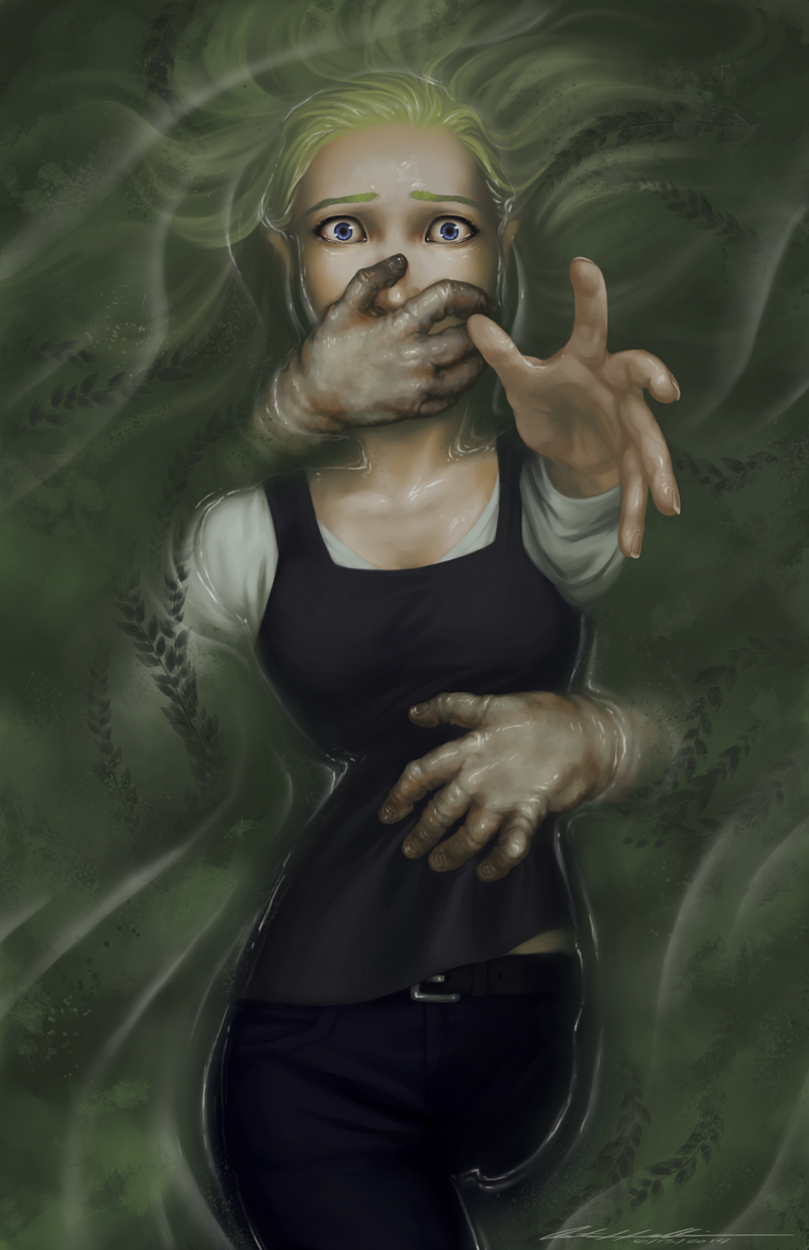 1girl, belt, blonde_hair, blue_eyes, covered_mouth, creepy, evelar, gradient_background