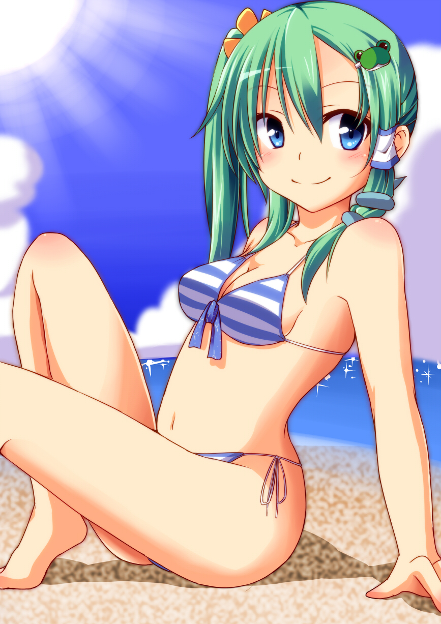 1girl, alternate_hairstyle, beach, bikini, blue_eyes, blush, body_blush, breasts, collarbone, day, female_focus, frog_hair_ornament, gradient_background, green_hair, hair_ornament, hair_tubes, halterneck, highres, kochiya_sanae, looking_at_viewer, navel, nitizyo, short_hair, side-tie_bikini_bottom, side_ponytail, sitting, smile, snake_hair_ornament, solo, string_bikini, sun, swimsuit, touhou