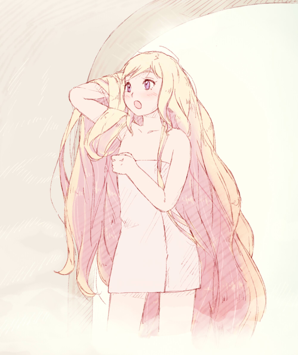 1girl, alternate_hairstyle, blonde_hair, elise_(fire_emblem), female_focus, fire_emblem, fire_emblem_fates, flat_chest, gradient_background, hair_down, long_hair, naked_towel, nintendo, simple_background, solo, third, towel, very_long_hair