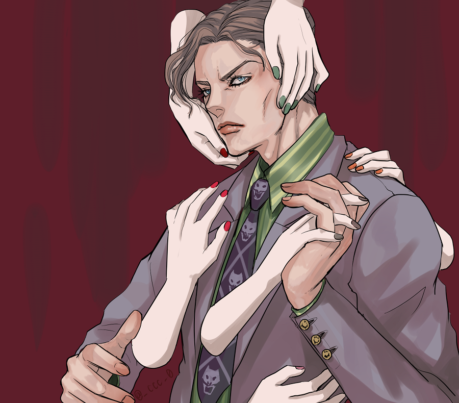 1boy, bad_id, bad_tumblr_id, blue_eyes, brown_hair, cheekbones, disembodied_hand, formal_clothes