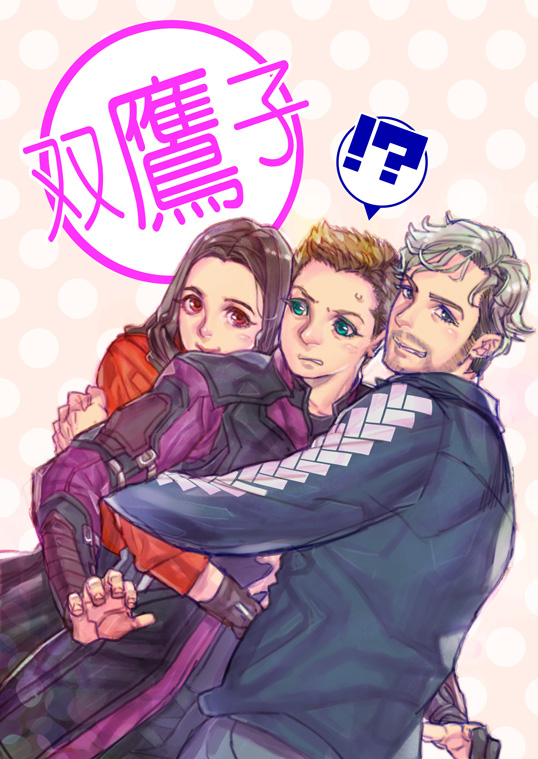 1girl, 2boys, animification, avengers:_age_of_ultron, avengers_(series), black_hair, blue_eyes, brown_hair, clint_barton, green_eyes, grey_hair, hideono6, hug, marvel, multiple_boys, pietro_maximoff, polka_dot, polka_dot_background, quicksilver_(marvel), red_eyes, scarlet_witch, wanda_maximoff