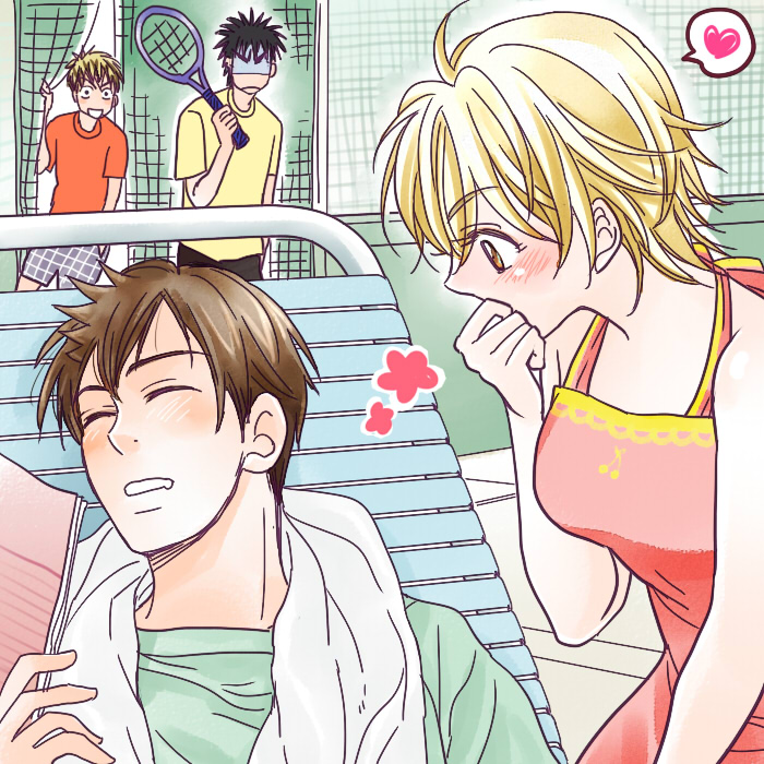 1girl, 3boys, baby_steps, black_hair, blonde_hair, blush, brown_hair, egawa_takuma