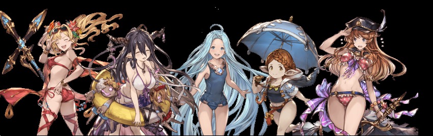 10s, 5girls, :d, ^_^, armlet, ass, bad_id, bad_twitter_id, bikini, black_bikini, black_hair, blonde_hair, blue_eyes, blue_hair, blue_one-piece_swimsuit, bracelet, braid, breasts, brown_eyes, brown_hair, choker, cleavage, closed_eyes, danua, draph, earrings, eyewear_on_head, finger_to_mouth, flower, flying_sweatdrops, french_braid, frilled_bikini, frills, from_behind, front-tie_top, gluteal_fold, granblue_fantasy, hair_between_eyes, hair_flower, hair_ornament, hand_to_own_mouth, harvin, hat, highres, hood, hooded_jacket, hoodie, horn_ornament, horns, innertube, jacket, jewelry, large_breasts, leaning_forward, lecia_(granblue_fantasy), lecia_(summer)_(granblue_fantasy), long_hair, looking_back, lyria_(granblue_fantasy), minaba_hideo, multiple_girls, navel, necklace, nontraditional_school_swimsuit, official_art, one-piece_swimsuit, open_clothes, open_hoodie, open_mouth, parasol, pendant, pink_bikini, pointy_ears, polearm, polka_dot, polka_dot_bikini, polka_dot_swimsuit, red_bikini, school_swimsuit, shawl, side-tie_bikini_bottom, side_braid, smile, souffleramahr, sunglasses, swim_ring, swimsuit, sword, tankini, transparent_background, twintails, umbrella, very_long_hair, weapon, whistle, white_background, white_bikini, zeta_(granblue_fantasy)