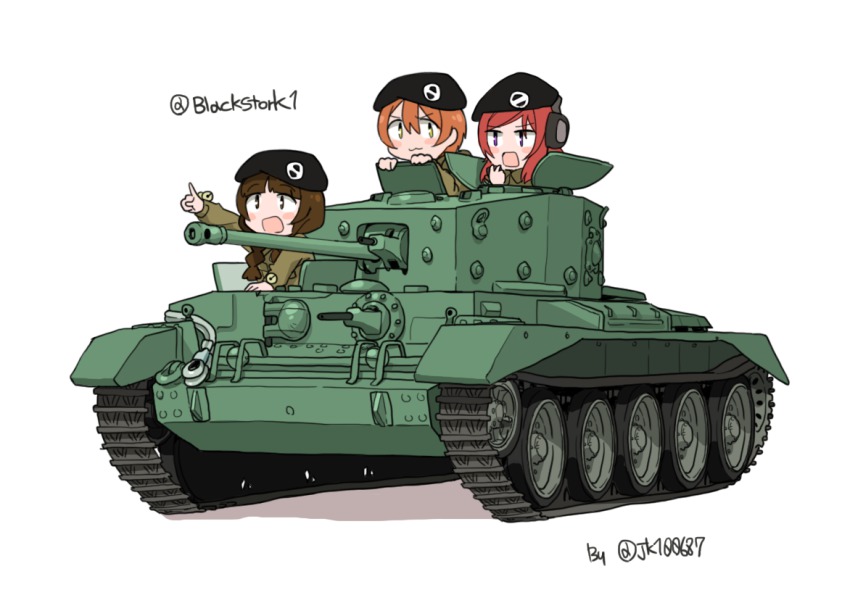 10s, 3girls, anyan_(jooho), caterpillar_tracks, cromwell_(tank), headphones, headset, hoshizora_rin