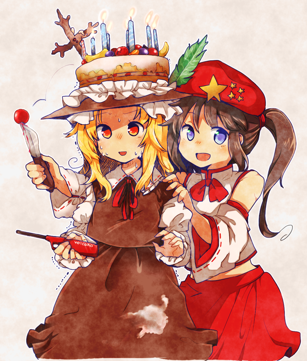 2girls, :d, alternate_costume, alternate_hairstyle, balancing_on_head, bare_shoulders, beret, birthday_cake