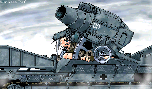 1girl, artillery, blue_eyes, breasts, cannon, female_focus, headset, huge_weapon