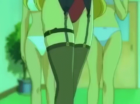 00s, animated, animated_gif, black_legwear, blonde_hair, bra, breasts, cleavage